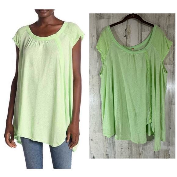 Free People Keep It Casual Tee  Large Neon Green Asymmetrical Hem Linen Blend - Picture 1 of 12